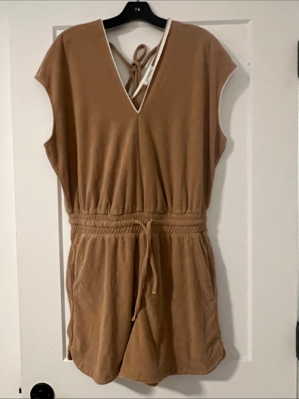 Terry Cloth V-Neck Drawstring Romper in Camel